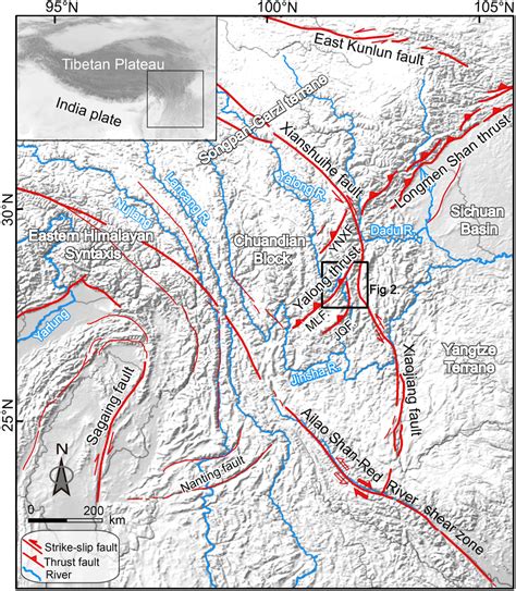 Major Cenozoic faults and rivers in eastern Tibet. YNXF–Yunongxi fault ...