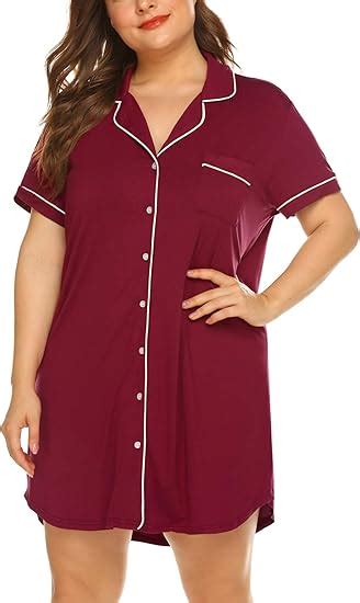 Womens Plus Size Sleep Shirt Short Sleeves Pajama Button