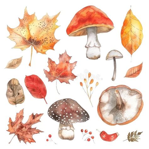 Watercolor Autumn Leaves And Mushrooms Nature Inspired Botanical