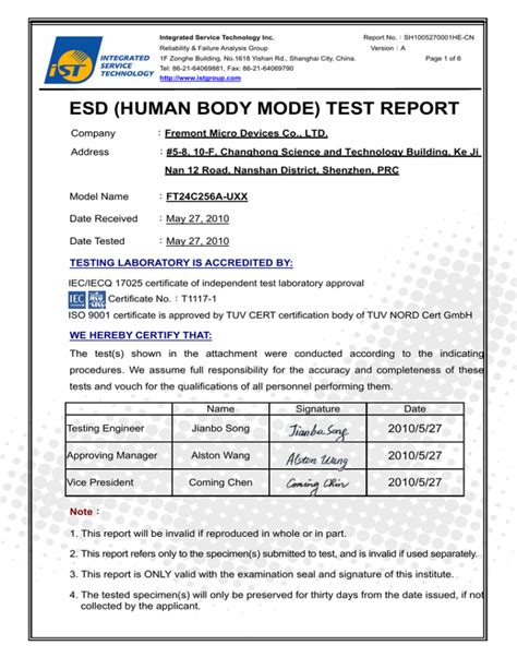 esd (human body mode) test report - Fremont Micro Devices (USA) Inc.