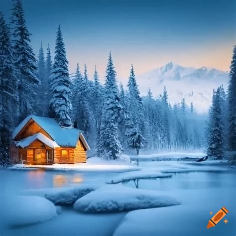 Photograph Of A Cozy Cabin In A Snowy Forest On Craiyon