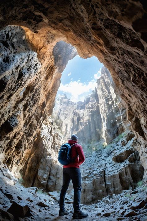 Man as individual hiking through an impressive cave system - #8730165 ...