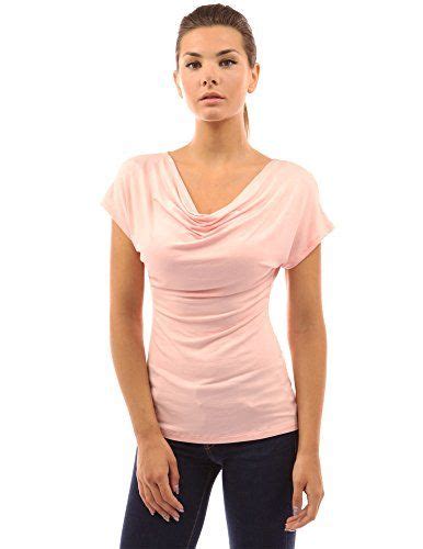 Pattyboutik Women Cowl Neck Short Sleeve Top Peach Large Womens