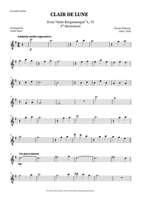 Clair De Lune Acoustic Guitar Arr Valdir Maia By Claude Debussy Sheet Music For Solo Guitar