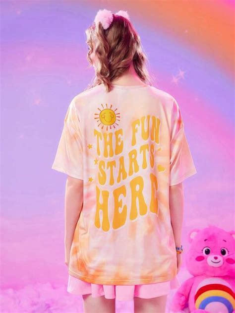 Romwe X Care Bears Cartoon Bear Graphic Tie Dye Drop Shoulder Tee