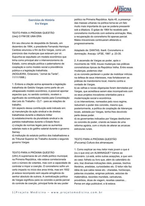 Pdf Exerc Cios De Hist Ria Era Vargas Projeto Medicina Regime Do