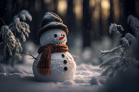 Premium Photo | Beautiful snowman in winter forest at sunset christmas ...