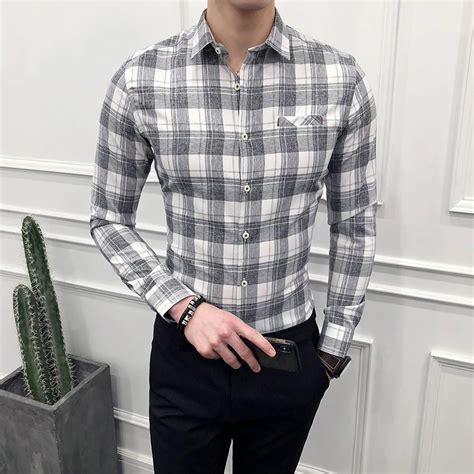 Plaid Shirts Men Casual Shirt Long Sleeve 85% Polyester 15% Rayon Check ...