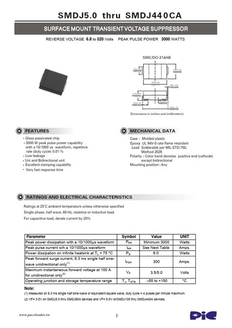 Smdj A Datasheet Surface Mount Transient Voltage Suppressor