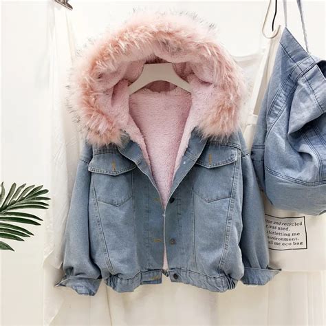 Musim Dingin Jaket Denim Besar Bulu Kerah Tebal Hooded Mantel Celana