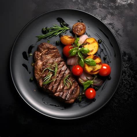 Premium AI Image | Steak on the black plate Restaurant photo style top view