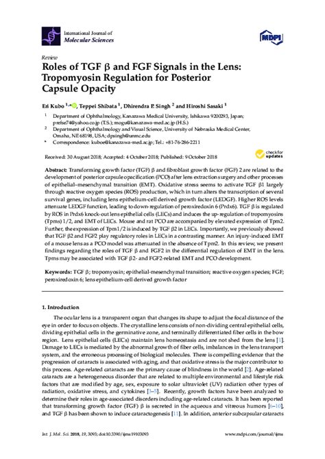 (PDF) Roles of TGF β and FGF Signals in the Lens: Tropomyosin Regulation for Posterior Capsule ...