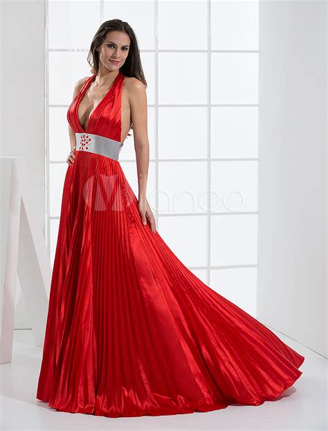 Sexy Red Stretch Satin Halter Floor Length Evening Dress