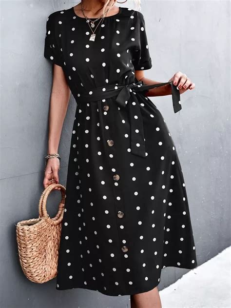 cinto Botões na frente Bolinhas ocasional Vestido Black polka dot