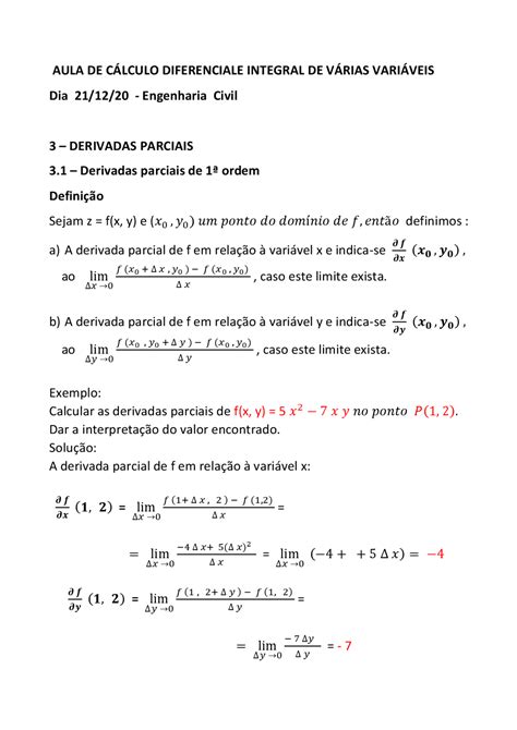 Derivadas Parciais De Primeira Ordem Notas De Aula Cálculo Docsity