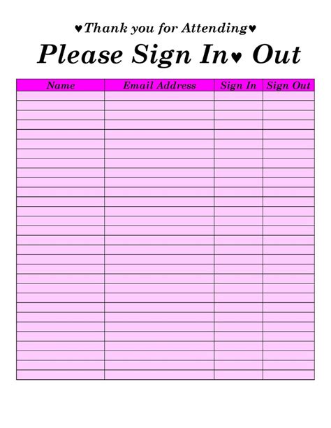 Sign In Sign Out Sheet Template Printable Sign In And Sign Out Sheet