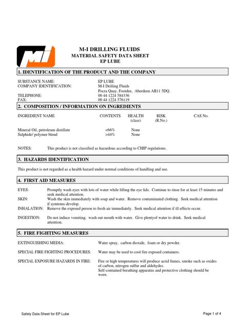 M I Drilling Fluids Material Safety Data Sheet Ep Lube 1 Identification Of The Product And The