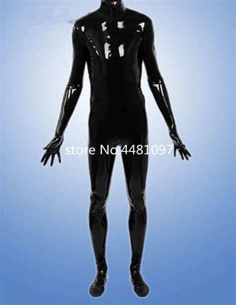 Sexy Latex Rubber Bodysuits Man Full Cover Latex Back Zip Catsuit With Hood And Socks And Gloves