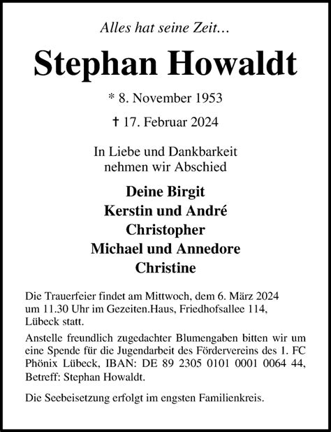 Traueranzeigen Von Stephan Howaldt Trauer Anzeigen De