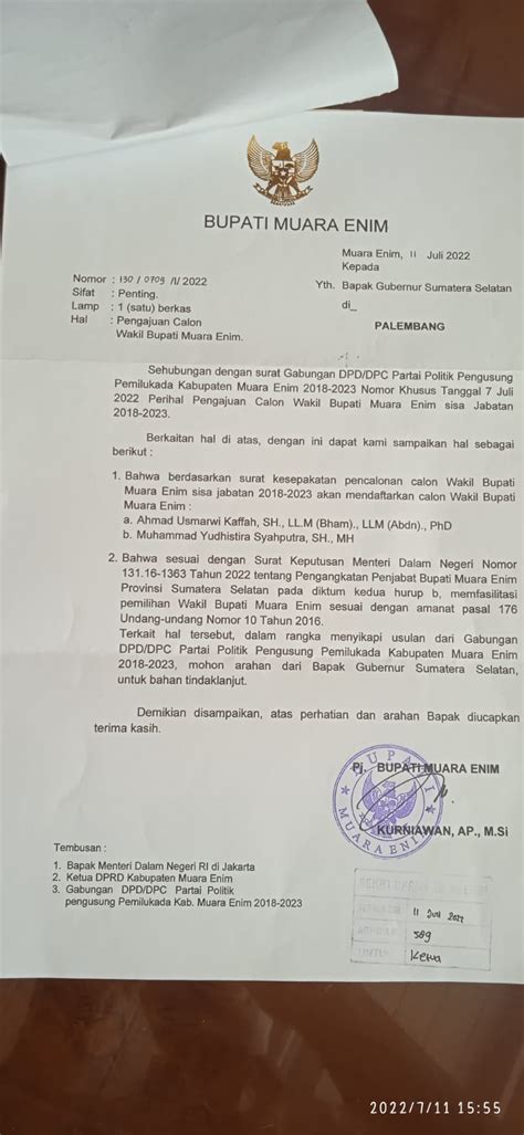 Pj Bupati Muara Enim Tindak Lanjuti Surat Usulan Parpol Terkait Wakil