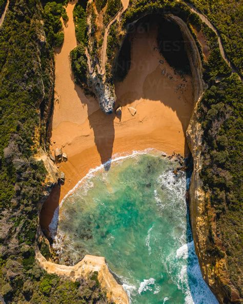 Aerial view of Loch Ard Gorge topdown on Great Ocean Road in Australia ...