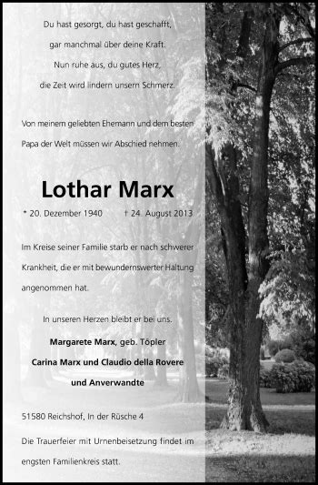 Traueranzeigen Von Lothar Marx Wirtrauern