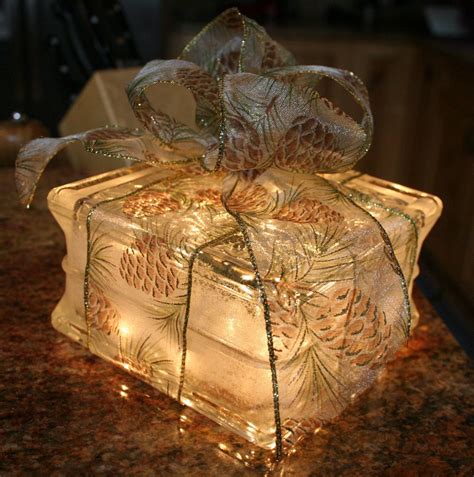 Lighted Glass Block Christmas T With Pinecone Bow Night