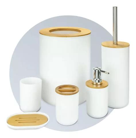 Kit Banheiro Conjunto Completo Lixeira 6 Peças Bambu Lavabo Frete grátis