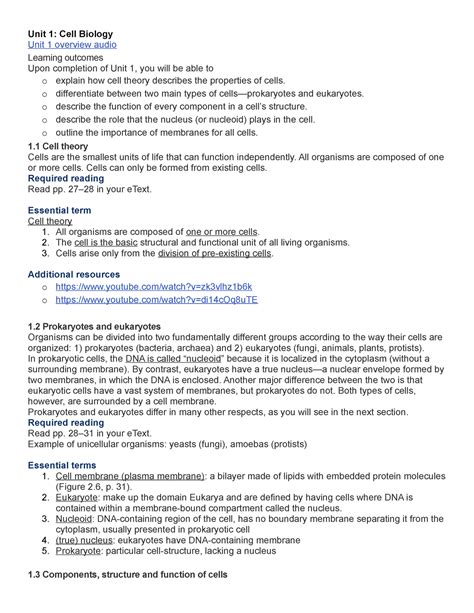 BIOL 204 Study Guide UNIT 1 Unit 1 Cell Biology Unit 1 Overview