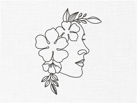 Floral Women Face Embroidery Design Women Face Line Art Etsy