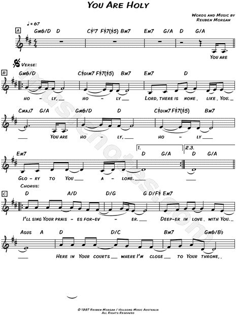 Hillsong You Are Holy Sheet Music Leadsheet In D Major