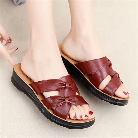 Women’s Summer Leather Open Toe Casual Slippers – Miggon