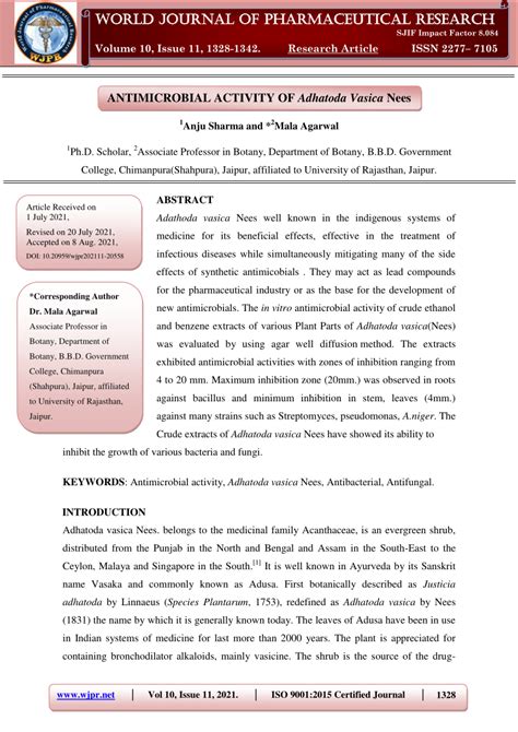 PDF ANTIMICROBIAL ACTIVITY OF Adhatoda Vasica Nees