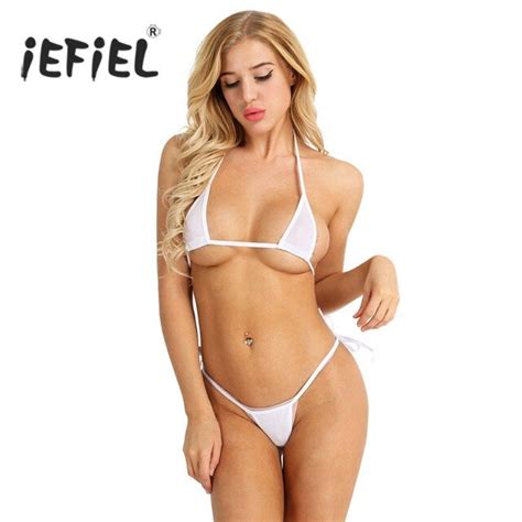 IEFiEL Sexy Women Lingerie Set Mesh See Through Halter Bikini Top With