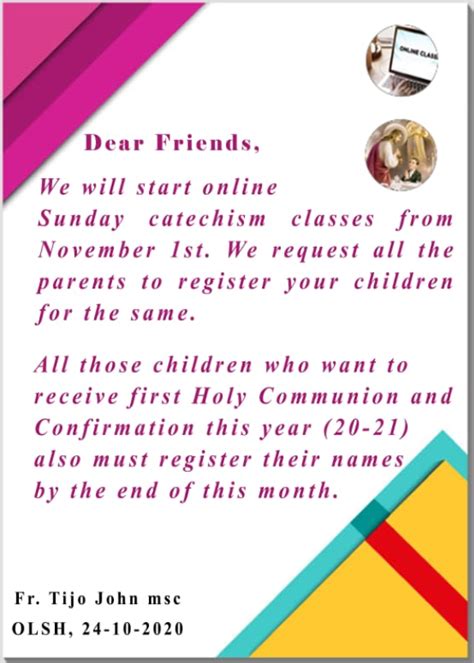 Online Catechism Class starts on 1 November 2020 - OLSH Church