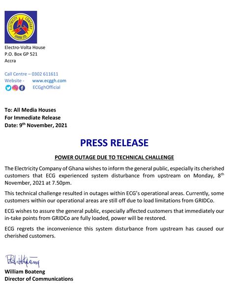 Electricity Company Of Ghana Ltd Press Release