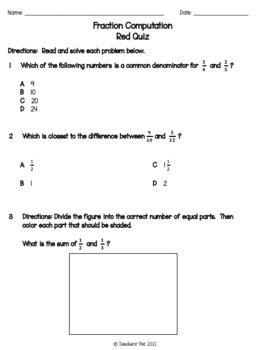 Fraction Computation Assessments Sol By Teachers Pet Tpt