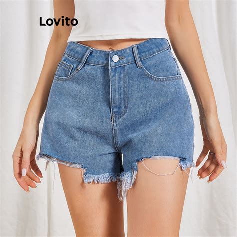 Lovito Shorts Jeans Borda Crua Para Mulheres LBL06004 Azul Claro