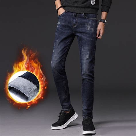 Winter Mannen Warm Blauw Jeans Elasticiteit Thicke Grandado