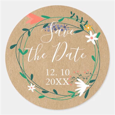 Rustic Country Floral Garland Save The Date Classic Round Sticker Zazzle