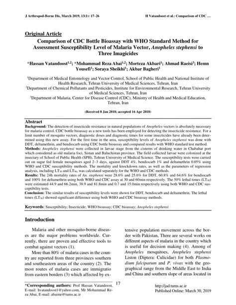 Pdf Comparison Of Cdc Bottle Bioassay With Who Standard Method For Assessment Susceptibility