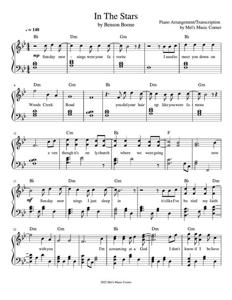 Benson Boone In The Stars Piano Sheet Music 樂譜 By Mel S Music Corner