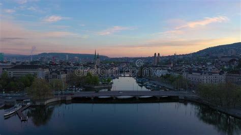 Zurich Skyline And Limmat River At Sunrise Aerial View Stock Footage