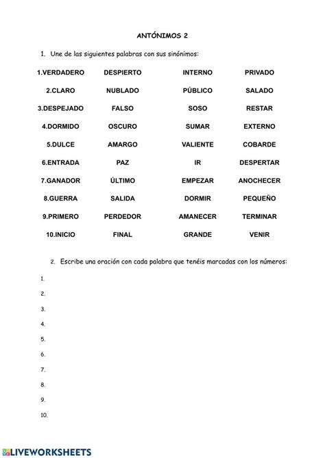 Antónimos 2 Worksheet Live Worksheets