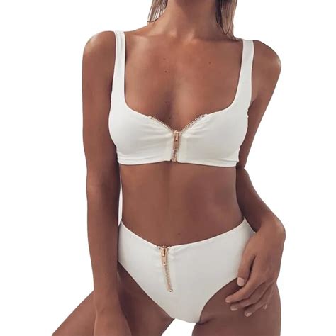 Vertvie Solid Bikini Set Women Front Zipper Swimsuit Female High Summer