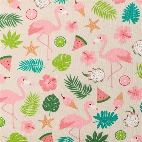 Tissu Jersey Coton Flamants Roses Et Tropical Multicolore Sur Fond