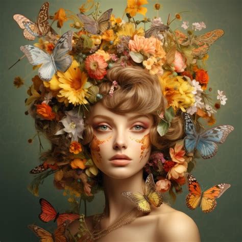 Premium Photo A Woman With Flowers And Butterflies