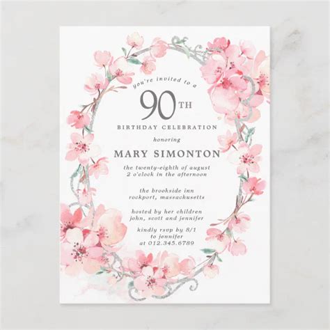 Blush Pink Cherry Blossom Floral 90th Birthday Invitation Postcard Zazzle