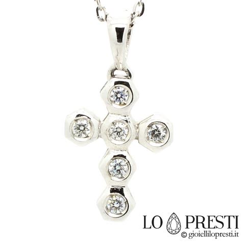 Collana Ciondolo Croce Oro Bianco 18kt Con Diamanti Brillanti Ct 0 12