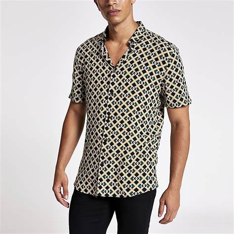 Black Geo Print Short Sleeve Slim Fit Shirt River Island